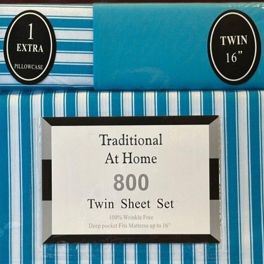 Traditional At Home 4 pc Twin Sheet Set Crayon Blue and white stripes.